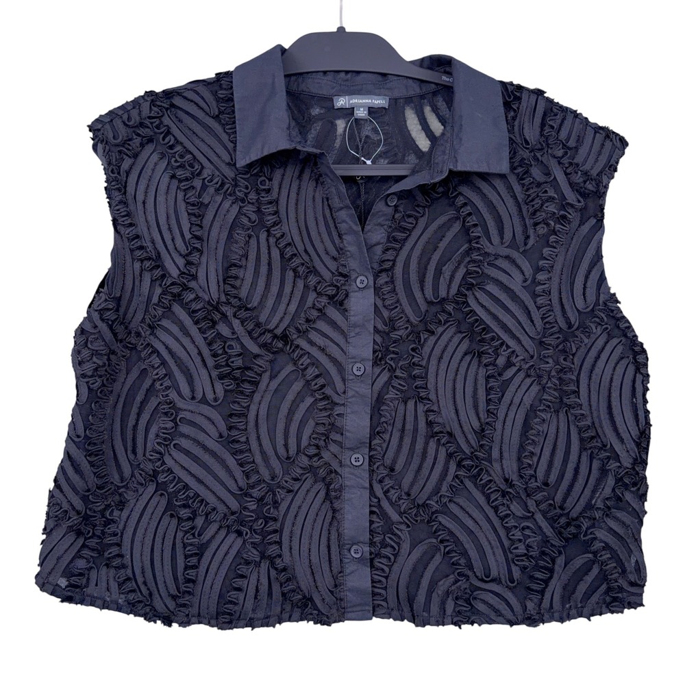 Adrianna Papell Textured Mesh Button Down Top Womens M Nylon Cotton Black